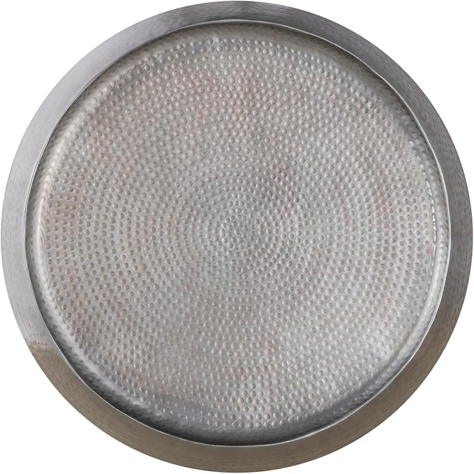 CT501 Modern Contemporary Round Aluminum Material 32" Coffee Table, Farmhouse Table with Glossy Hand Hammered Design Antique Silver