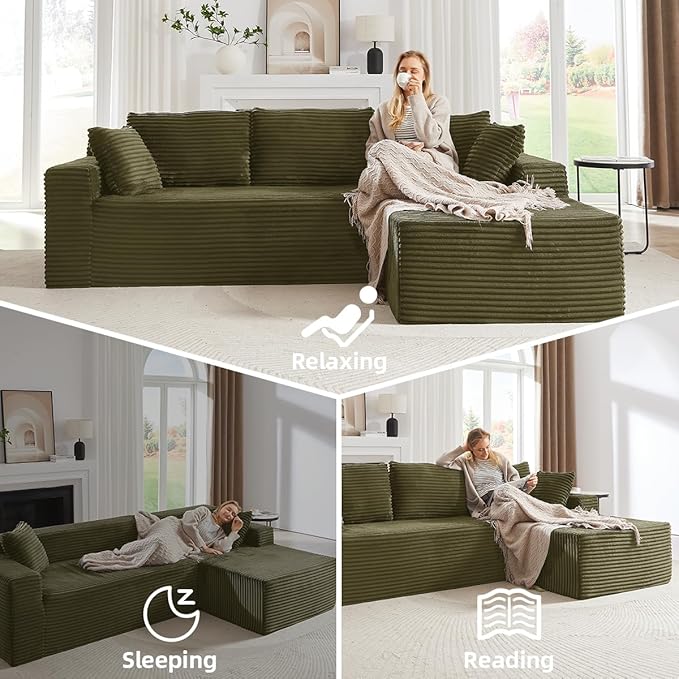104 Inch Cloud Sectional Couch with L-Shape Chaise,Modern Boneless Couches with Deep Seat,Corduroy Sponge Compressed Sofa for Living Room, Bedroom,No Assembly Required (Green, Right Facing Chaise)