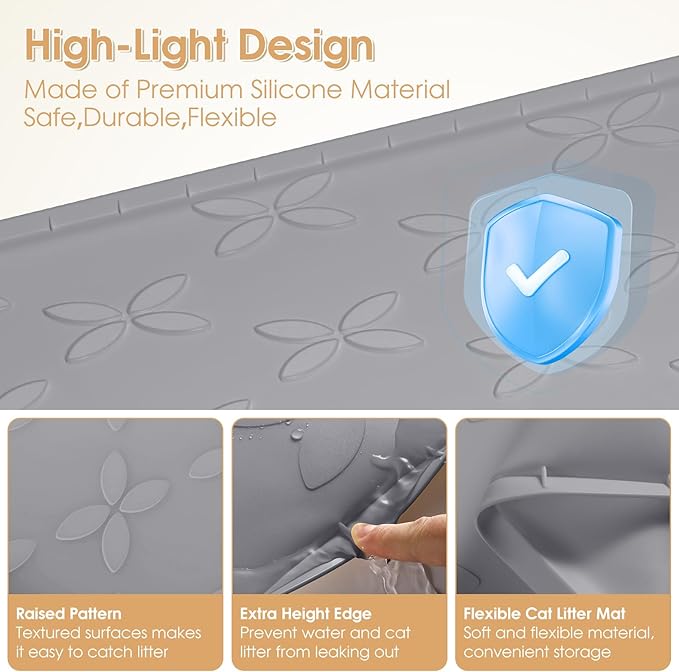 Cat Litter Mat, Large 34" x 22" Litter Box Mat, Waterproof Silicone Litter Mat for Litter Box, Non-Slip, Easy to Clean (Dark Grey)