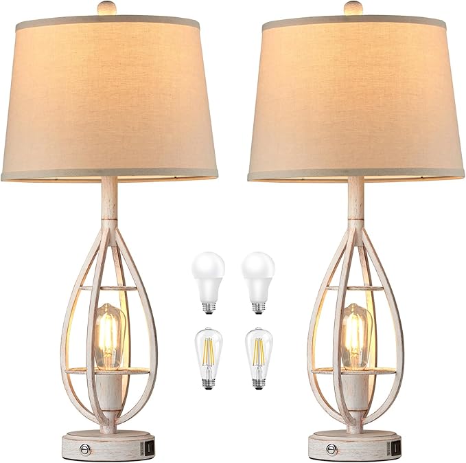 27.8" Farmhouse Table Lamps for Living Room Set of 2 - Beside Touch Lamps for Bedroom with USB C+A, Rustic Vintage Retro Lamps for Night Stands, Bulbs Included (White)