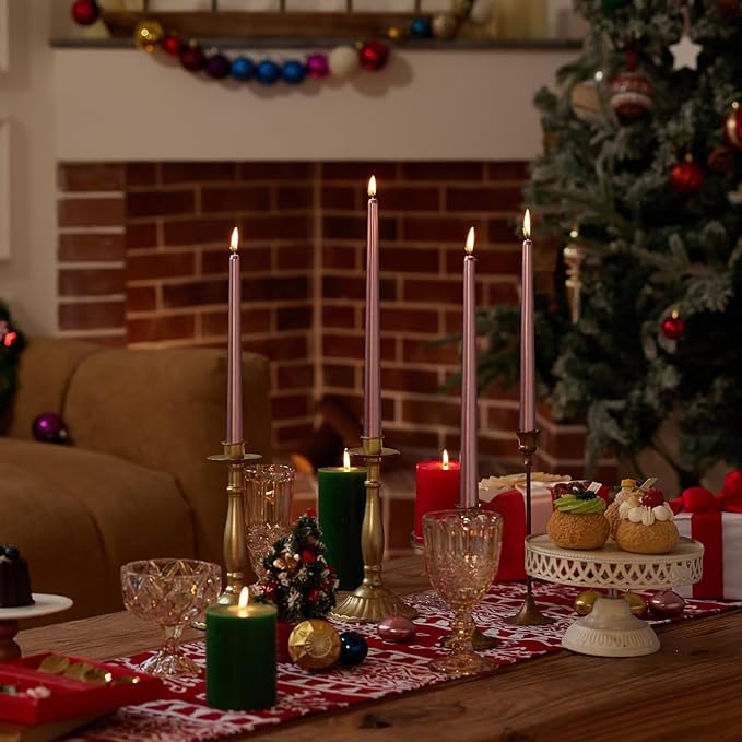 New Burning Formula Unscented Dripless 12-Inch Taper Candles Set of 12 - Rose Gold, for Wedding, Dinner - Smokeless, Long Burning - Hand Poured, Colored Tall Candlesticks - Oro Rosa