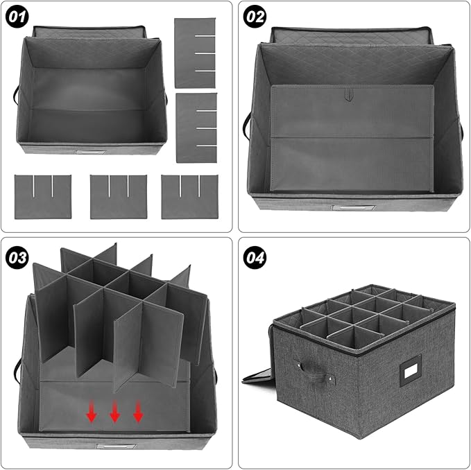 Mayniu Stemware Storage Containers, Wine Glass Storage Box with Dividers for Glasses, Glassware, Crystal, Wine Glass Packing Boxes for Moving, Hard Shell Top Sides Bottom and Stackable (Black)
