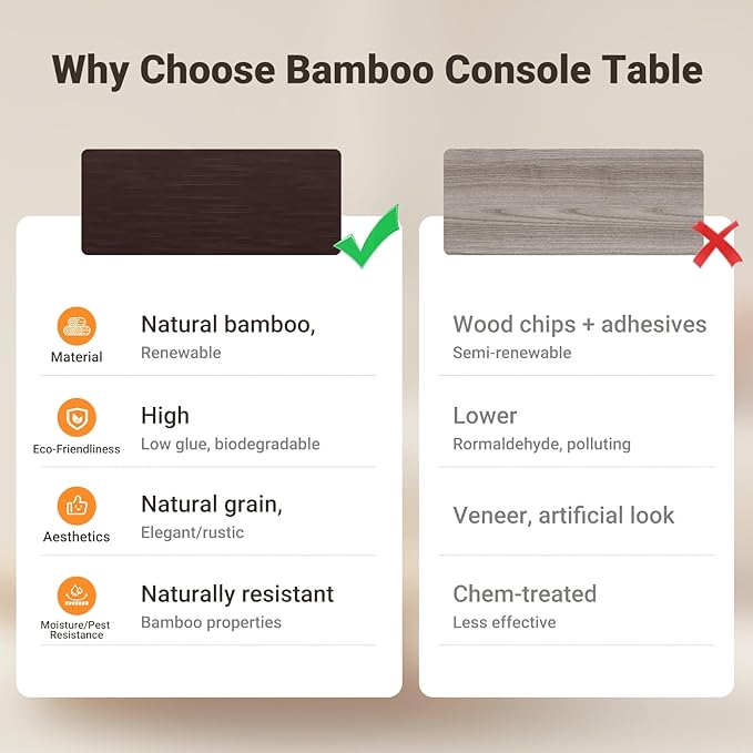 ELYKEN 5.9" Narrow Console Sofa Table with Power Outlets, 5.9" Dx39.4 Wx31.1 H Bamboo Behind Couch Table with Charge Station, Brown