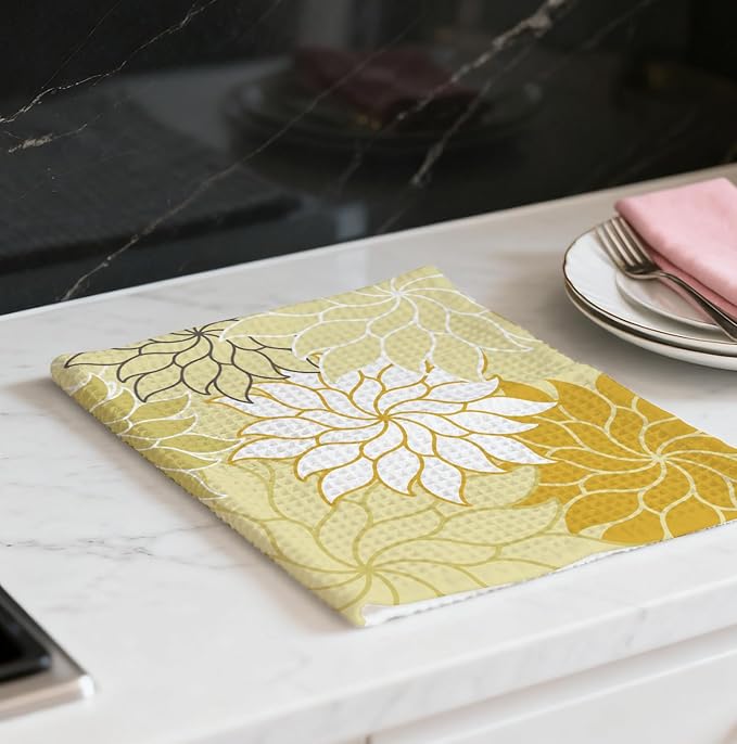 Boho Floral Abstract Waffle Towels, Flower Hand Towel for Bathroom Decor, 16x24 Inch Neutral Yellow Flower Dish Tea Towel Decor for Kitchen/Bath/SPA,Gift for Friends.