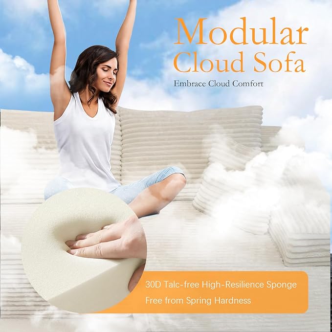 106'' Boneless Couches for Living Room, L Shaped Modular Sectional Sofa with Chaise Lounge, Faux Rabbit Fur & Layered Cushion Deep Seat Cloud Couch, No Assembly (Beige, Right Facing Chaise)