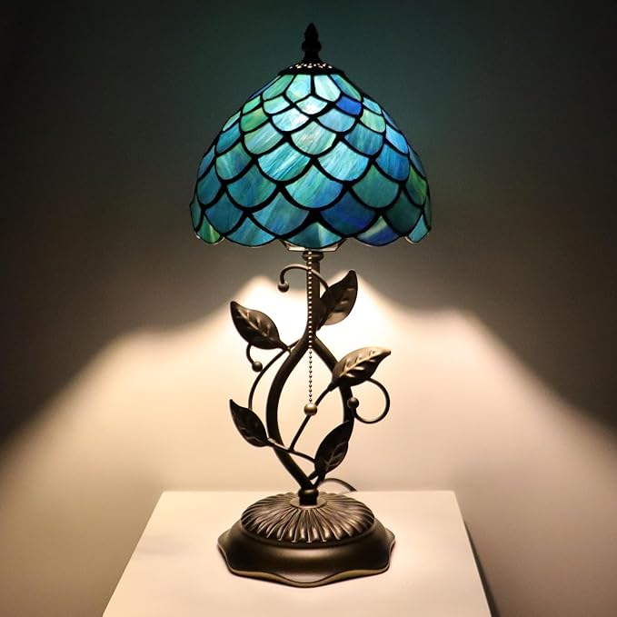 Small Tiffany Lamp Sea Blue Fish Scale Style Stained Glass Table Lamps Desk Bedside Reading Light 8X8X18 Inches with Bronze Metal Leaf Resin Base
