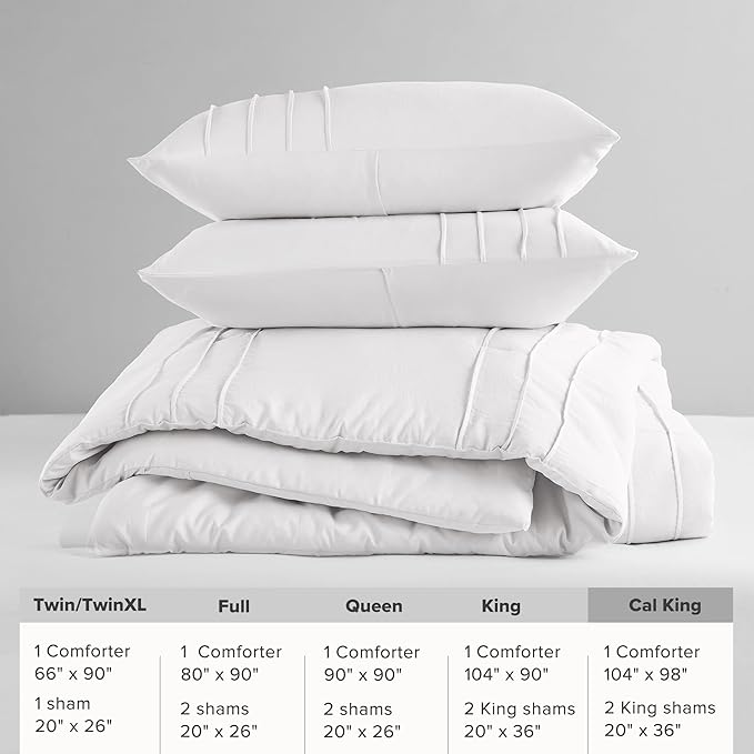 Comfort Spaces White Cal King Size Comforter Set - 3 Pieces Pintuck Pleated Bedding Sets, All Season Lightweight, Extra Softness Pre-Washed Microfiber Cal King Bed Set, Shams, Cal King