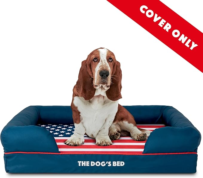 The Dog's Bed Replacement Outer Cover ONLY (Outer Cover ONLY - NO Bed, NO Waterproof Inner) for The Dog's Bed, Washable Oxford Fabric, Large (Blue with Red Piping USA Flag Embroidery & Centre Flag)