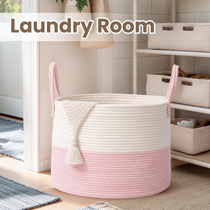 Woven Blanket Basket,65L Large Rope Storage Bin with Handles, Organizer for Blankets Toys Book and Clothes, Laundry Basket for Living Room Bedroom Nursery,White&Pink