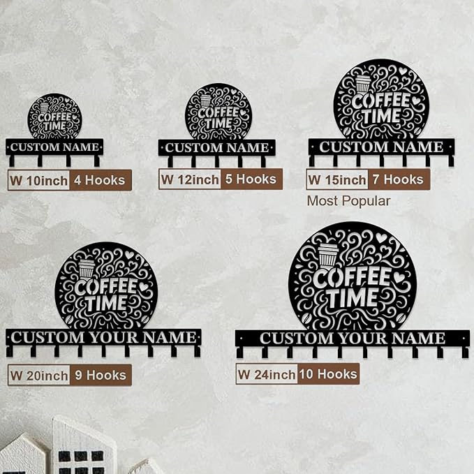 Coffee Bar Keys Holder - Metal Iron Wall Hooks with Custom Name | Personalized Home Decor & Gift Idea | Coffee-Themed Text Engraving Design (Style H)