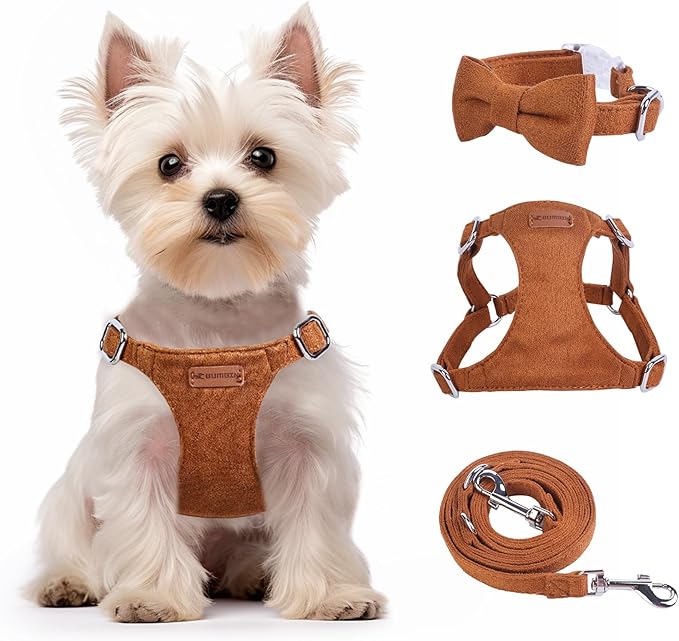 Dog Harness and Leash Set, XXS No Pull Adjustable Puppy Harness with Multifunction Pink Dog Leash and Dog Collar, Soft No Choke Escape Proof Pet Harness Vest for Small Dogs and Cats (Brown, XS)