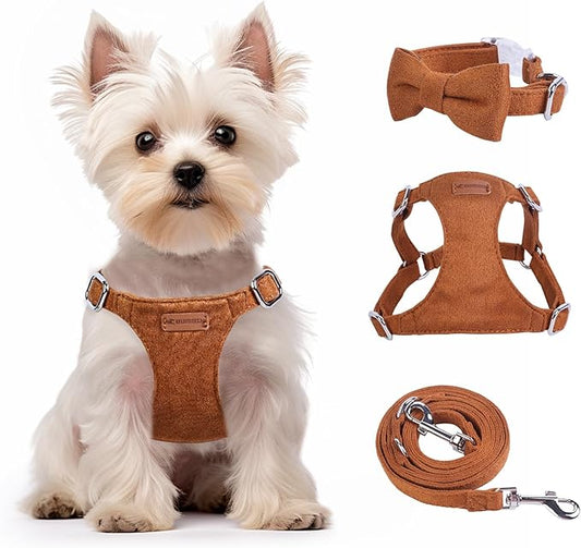Dog Harness and Leash Set, XXS No Pull Adjustable Puppy Harness with Multifunction Pink Dog Leash and Dog Collar, Soft No Choke Escape Proof Pet Harness Vest for Small Dogs and Cats (Brown, XS)