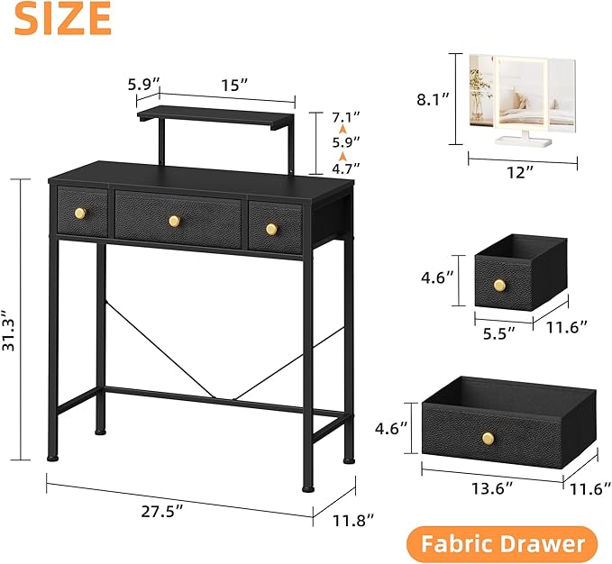Small Makeup Vanity Desk 27.5''W with Mirror and Lights, Vanity Desk with 3 Fabric Drawers and Height-Adjustable Stand, Vanity Table for Girls Gifts, Bedroom and Small Spaces, Black