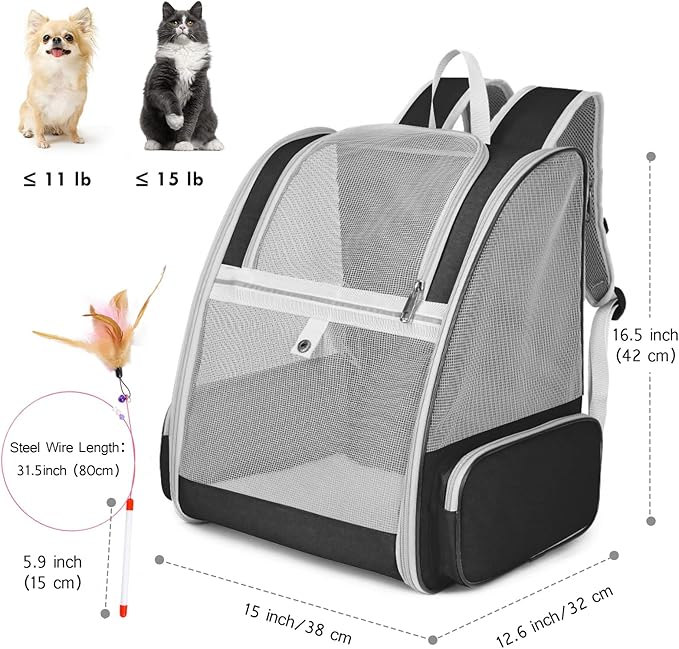 Cat Backpack Carrier, Pet Carrier Backpack with Kitten Wand Feather Toy for Medium Small Dog Cat Puppy Kitty Bunny up to 15lbs, Large Ventilated Mesh Cat Bookbag for Travel Walking Outdoor Use (Black)