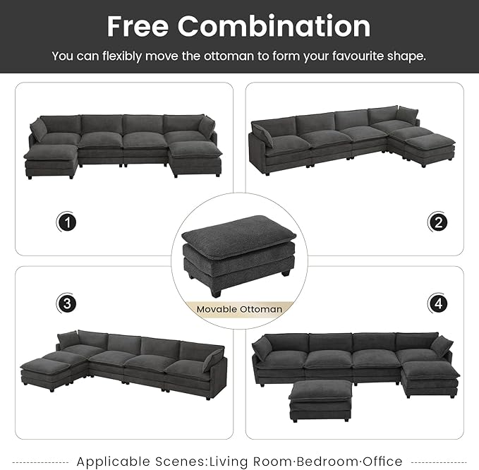 ROWHY Oversized Modular Sectional Couch with 2 Movable Ottoman, 148" Modern Convertible U Shaped Sofa Set, 4 Seat Comfy Cloud Couch with 2 Throw Pillows, for Living Room, Chenille, Charcoal Grey