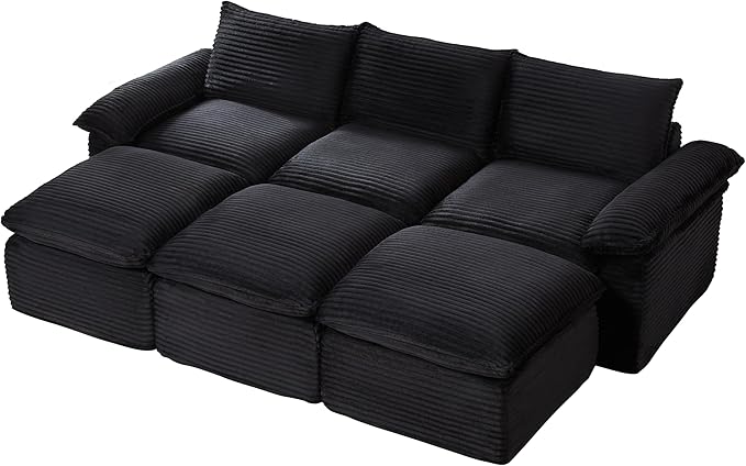 141.74" Sectional Couches for Living Room Modern Modular Sofa with U-Shape Couchs Upholstered Corduroy Boneless Couch Deep Seat Cloud Couch with Ottoman, No Assembly Required, Black