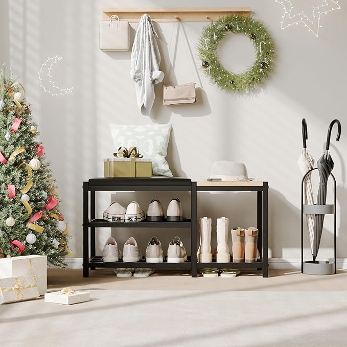 Shoe Bench,Shoe Organizer,Holds Up to 570 lb,12 x 30.7 x 17.3Inches,3-Tier Shoe Storage Bench,Entryway Bench with Cushioned Seats,for Shoe Rack in The Bathroom,Entryway,Bedroom,Living Room