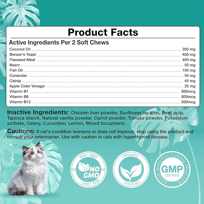 Flea and Tick Treatment for Cats, Flea and Tick Prevention for Cats Chewables, Kitten Cat Flea Treatment, Oral Flea Supplement Skin & Coat Support, Chicken Flavor 200 Counts