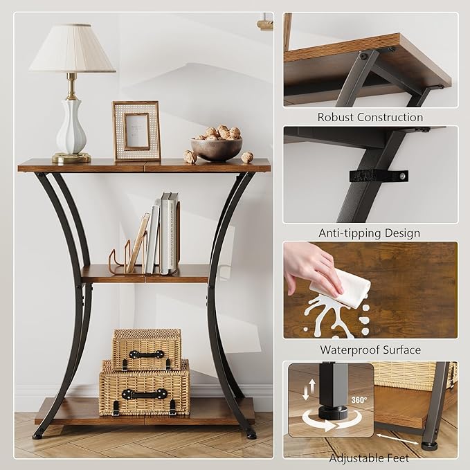Rustic 3-Tier Console Table with Open Shelves Narrow Entryway Table with Curved Metal Frame Slim Sofa Table for Hallway Living Room or Foyer (Rustic Brown)