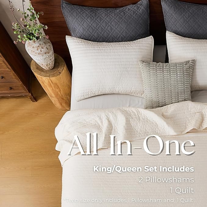 DOWN HOME Twin Quilt Bedding Set with Sham, Vintage Washed Soft Quilted Blanket Thin Comforter Lightweight Bedspread Coverlet Bed Cover, Brushed Microfiber Stripe Stitching, Linen White, 66"x92"