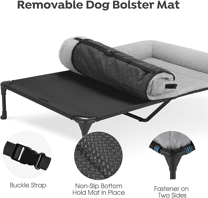 Veehoo Cooling Elevated Dog Bed with Fluffy Plush Bolster Cushion, Indoor Raised Dog Beds for Large Dogs, Soft Pet Sofa Cot with Removable Washable Mat, No-Slip Feet, 59 x 37 inches, Grey
