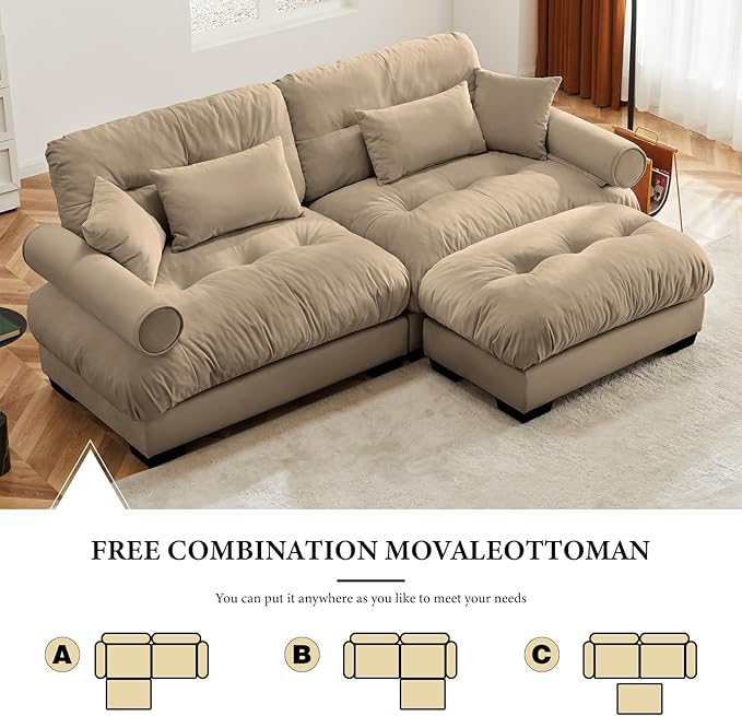 93.7" Loveseat Sofa, 2 Seater Modular Sectional Sofa, Camel Large L Shaped Sectional Couches for Living Room, Fluffy Couch, Love Seat, Velvet Cloud Couch with Ottoman, Deep Seat Sofas for Living Home