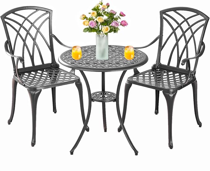 Bistro Set 3 Piece Outdoor,Cast Aluminum Outdoor Bistro Set,All Weather Bistro Table and Chairs Set of 2 with 1.97" Umbrella Hole,Patio Bistro Sets for Garden(Woven Black)