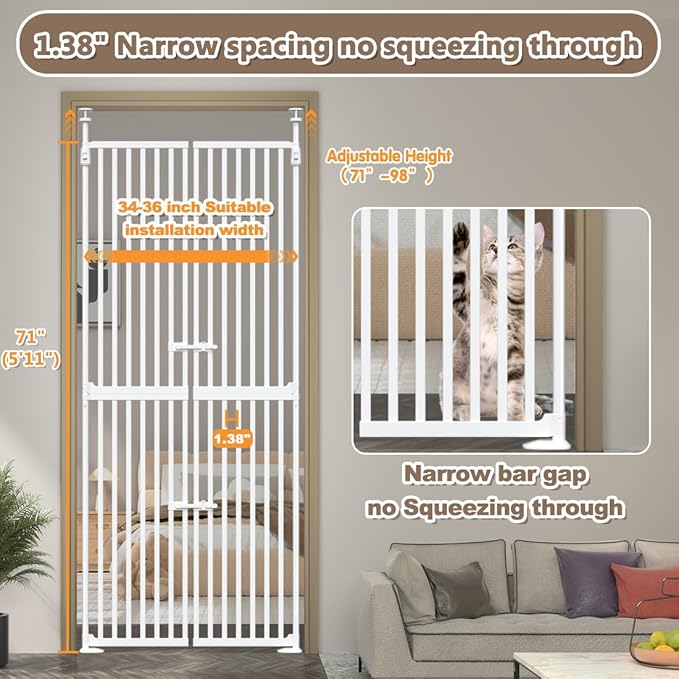 71" High Extra Tall Cat Gate, 34-36 Inch Tall Pet Gates, Auto Close Kitten Safety Gates, Double Pet Door for Doorway, Indoor Pet Barrier, No Drilling, Cats Proof Gate, Kitchen