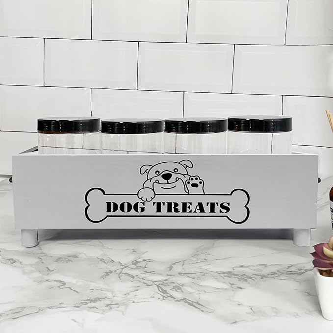 Large Dog Treats Container, Dog Cookie Jar for Dogs Cat Treats Container, Farmhouse Wood Pet Treats Storage Organizer for Dog Food Storage Container with 4 Jars, Cat Dog Treat Organizer(White)