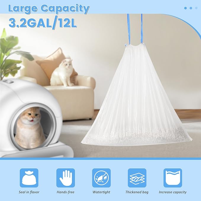80 Count Cat Litter Bags, Self Cleaning Litter Box Liners, 18.2 x 18.2 inches Replacement Drawstring Bags Fit for Automatic Robot Box (80 Counts/4 Rolls)