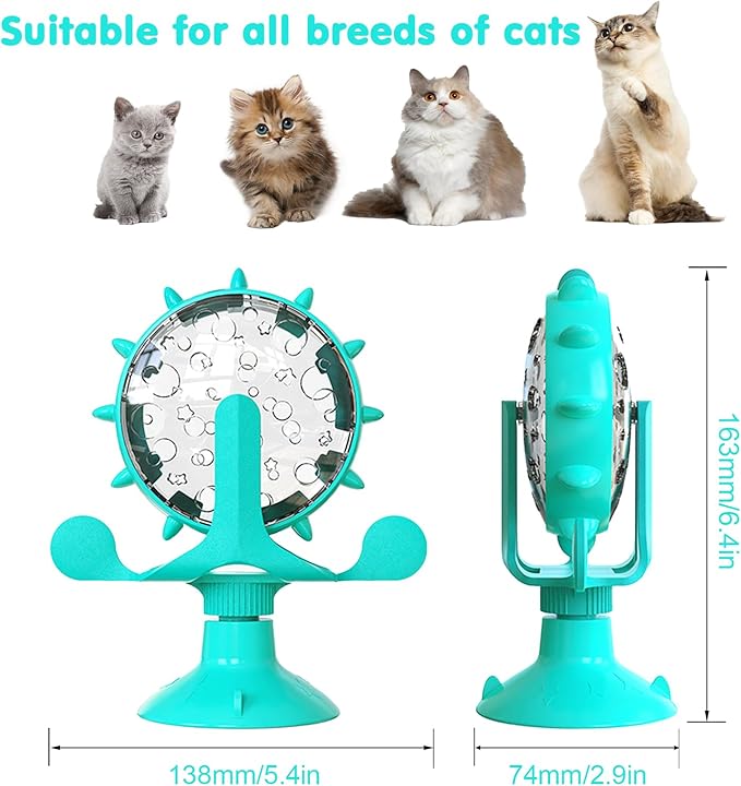 Cat Dog Treat Dispenser Toy - Cat Interactive Feeder Pet Food Toys Feeder 360° Degree Rotating Food Leakage Device Rotate with Strong Suction Cup Money Wheel Shape (Lake Blue)