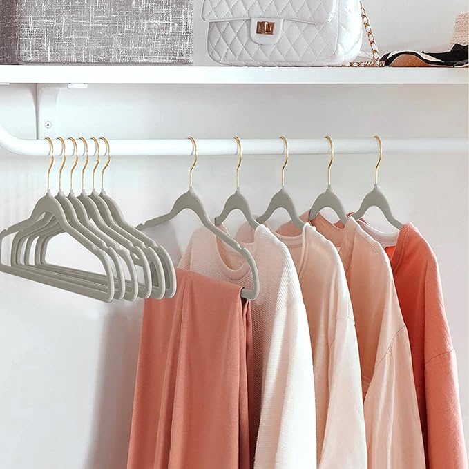 ManGotree Velvet Coat Hangers, Non-Slip Felt Suit Hangers, Ultra-Slim Space Saving Clothes Hanger with 360° Swivel Golden-Plated Hook, 36 Pack (Grey)