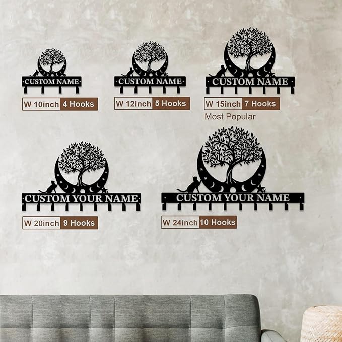 Life Tree Key Hook - Customized Metal Wall Organizer with Name Engraving, Black Iron Home Decor for Themed Collectors (Style C)