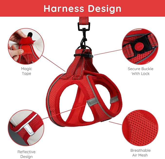 BELLA & PAL Step in Vest Harness for Small and Medium Dogs, No Pull Small Dog Harness with Leash Set, Comfortable Air Mesh Dog Vest Harness with Reflective Strip (Red, XXS)