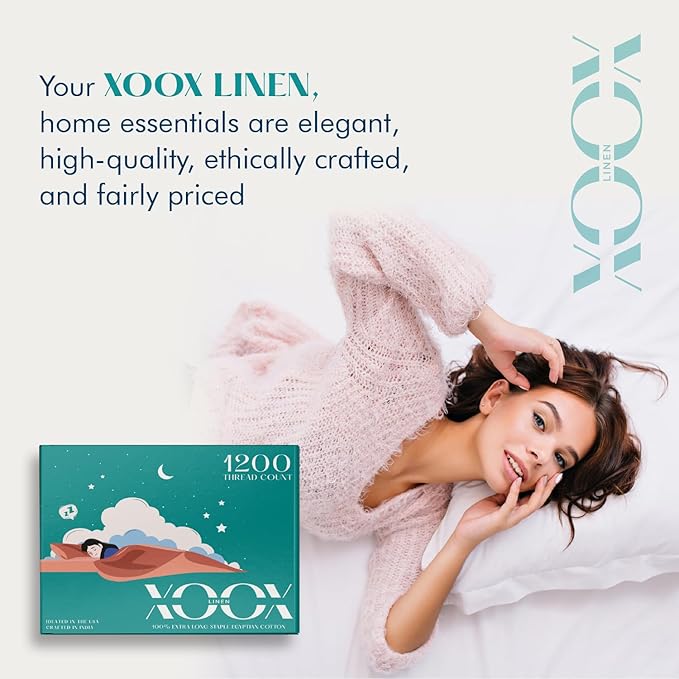 XOOX Linen 100% Egyptian Cotton Queen Sheet Set - Luxury 1200 High Thread Count Egyptian Cotton Sheets Queen Size (4 PC, White), Silky Soft, Cooling, 17" Deep Pocket Sateen Weave Hotel Bedding