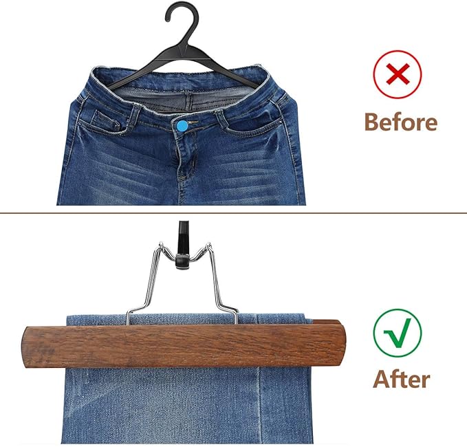 AMKUFO 12 Pack Wooden Pants Hangers with Clips Non Slip Skirt Hangers Walnut Trouser Clamp Hanger Solid Wood Hanger with 360° Swivel Hook