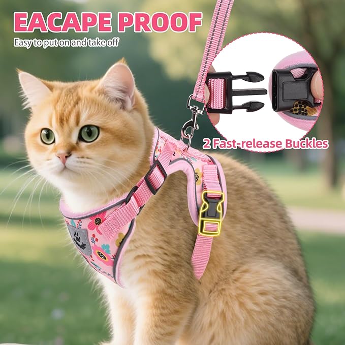 PUPTECK Cat Harness and Leash Set Escape Proof Reflective Cat Walking Harness Adjustable Soft Breathable Mesh Vest for Small Pets, Pink Flowers, M