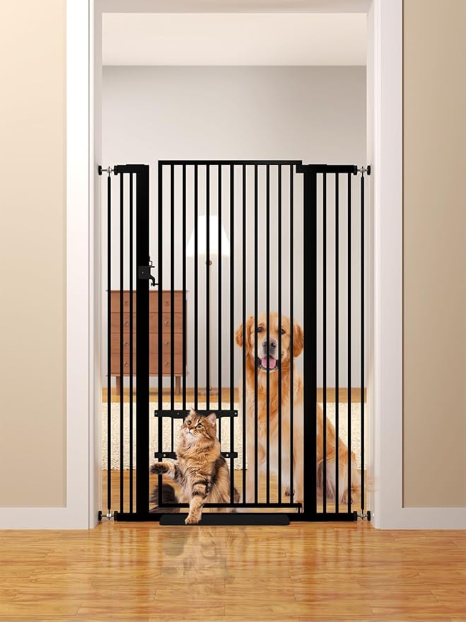 55.11" Extra Tall Pet Gate With Small Cat Door - 29.5-40.6 Wide, No Drilling Pressure Mount Kit for Cats and Dogs, Indoor Doorways, Living Room, Bedroom - Black