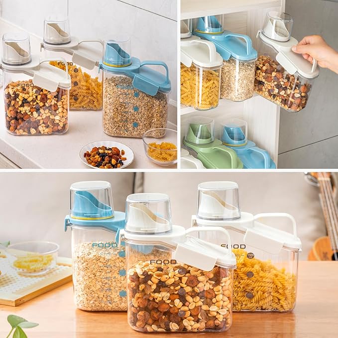 2 PCS Cereal Storage Containers, 1.5L/51oz Dry Food Rice Holder, Pet Dog Cat Food Dispenser with Measuring Cup, BPA Free Clear Plastic Kitchen Pantry Organization Bin, 1 Blue+1 White