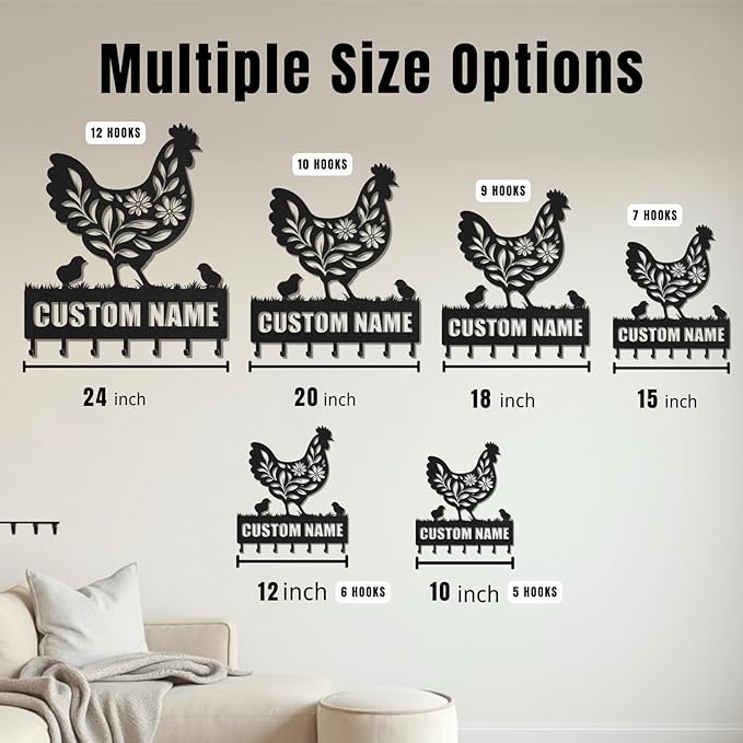 Personalized Key Holder for Wall, Custom Metal Chicken Key Hooks with Name, Meta Jacket Holder Hooks Organizer Rack, Jacket Hanger Decor for Kitchen, Entryway, Hallway, Office, Doorway