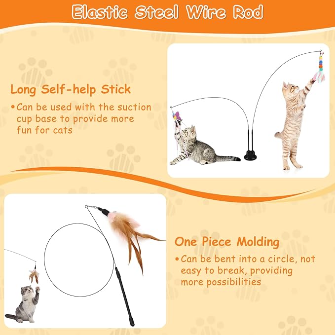 Cat Teaser Wand, Cat Toys Feather with Super Suction Cup, Double Headed Detachable Interactive Cat Toy, 12 PCS Elastic Cat Toys with Feathers, Cat Wand Toys for Indoor Cats