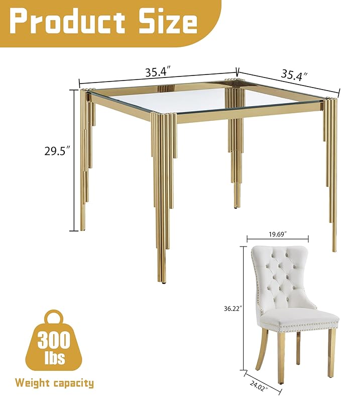 3 Piece Glass Dining Table Set, 35" Square Glass Kitchen Table with 2 White Velvet Upholstered Chairs, Gold Dining Table for 2 with Chairs Set for Kitchen, Living Room