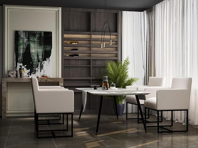 Linen Upholstered Dining Chairs with Arms Set of 2 Mid Century Modern Accent Chairs Armchairs with Black Metal Frame, Modern Kitchen & Dining Room Chairs, Cream