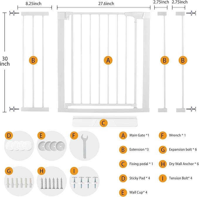 Baby Gate for Stairs - 29.6-46" Auto Close Dog Gate for Doorways, Extra Wide Child Gate Indoor, Walking Through Safety Gate for Kid, Pet Gates No Drilling White, Mom's Choice Awards Winner