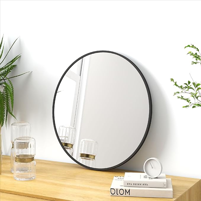 24" Round Mirror Circle Wall Mounted Hanging or Against Wall Aluminum Alloy Metal Frame Dressing Make-up Mirrors for Entryway Bedroom Bathroom Living Room 24 inch Black