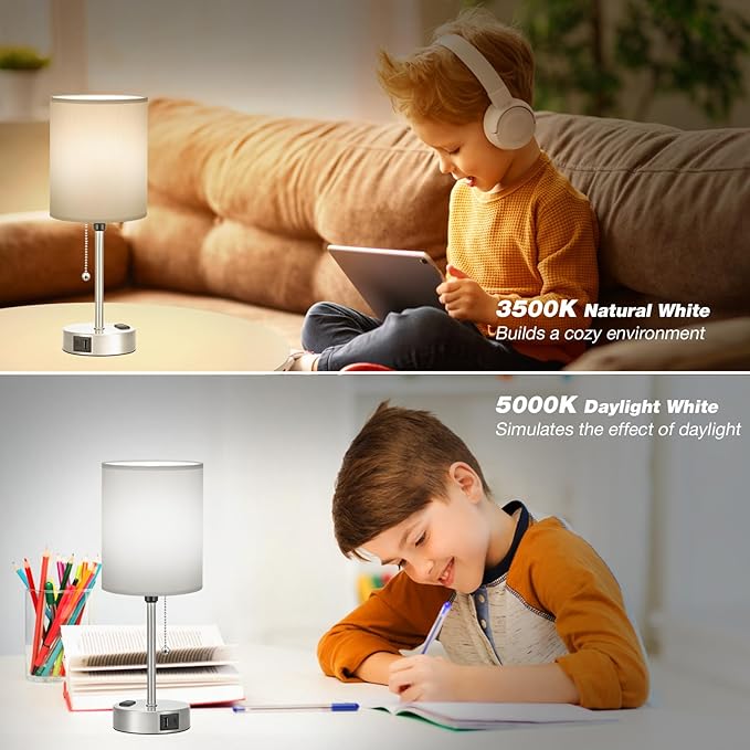 Dicoool Grey Bedroom Lamp for Nightstand - 3 Color Temperature Table Lamp with USB C and A Ports, Pull Chain Bedside Lamp with AC Outlet, Desk Lamp with Silver Metal Base for Kids Girls
