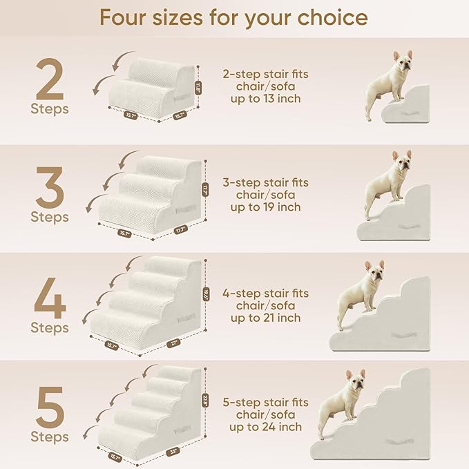 PAWSCART Dog Stairs for Small Pets, 17.7" H with 30D Material Soft Foam, Portable Ramp Non-Slip Surface Non-Slip for Couch and High Bed Climbing, 3-Step Stairs for Cat or Dog, Beige
