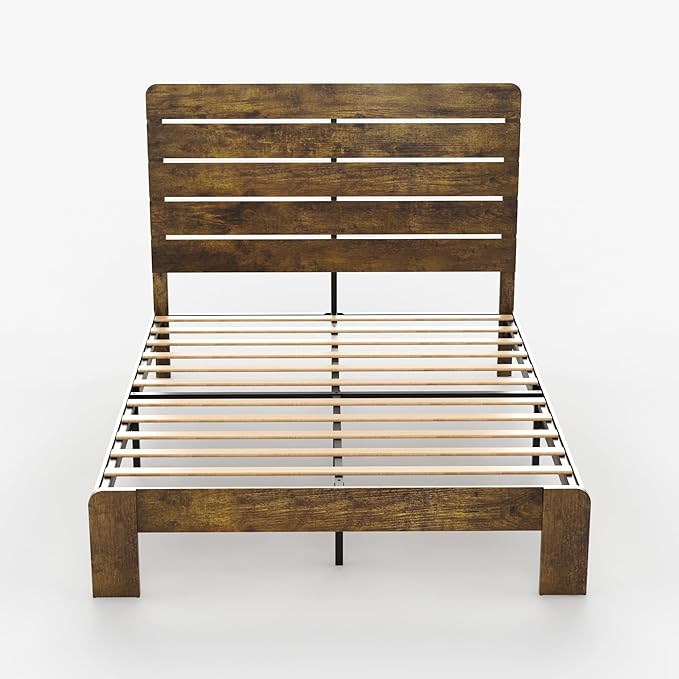 Full Size Bed Frame with Wooden Headboard and Footboard, Rustic Platform Bedframe, Wood Slats Support, No Box Spring Needed, Under Bed Storage, Easy Assembly, Brown