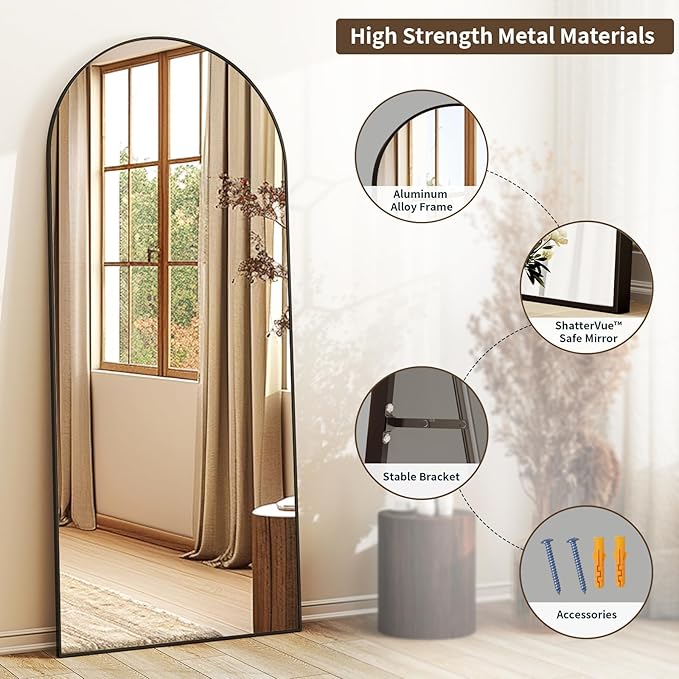 56"x21" Arched Full Length Mirror Floor Mirrors with Aluminum Alloy Frame Free-Standing Wall Mounted Floor Mirrors or Large Dressing Mirror, Black Mirror Full Length