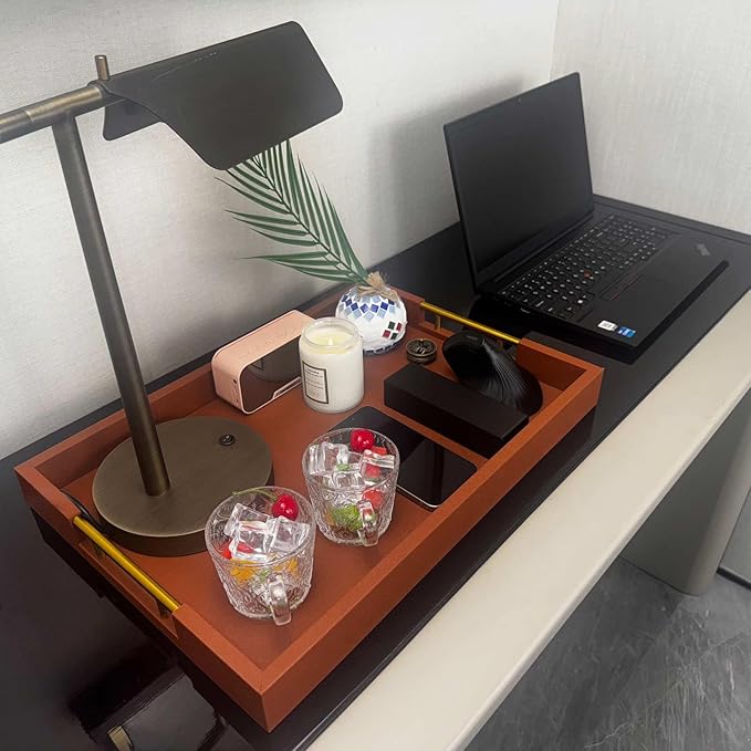 14x20 Inches Brown Faux Leather Wrapped Wood Serving Tray with Metal Handles for Various Occasions, Ottoman, Home Decor Decorative, Living Room, Coffee Table Organizer, Serving Breakfast On Bed